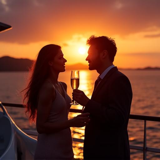Casal a desfrutar do pôr do sol num iate.