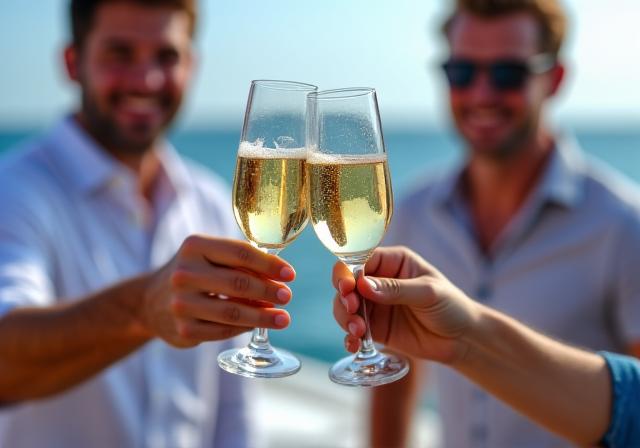 Homens sorridentes a fazer um brinde com copos de champanhe no convés, celebrando a bordo do iate.