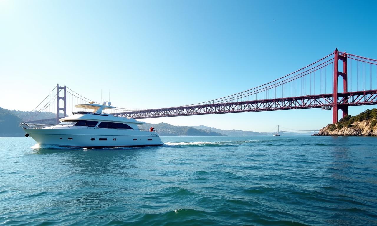 Um elegante iate branco a navegar suavemente pelo rio Tejo, com a imponente Ponte 25 de Abril ao fundo.
