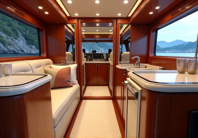 Detalhe do interior luxuoso de um iate, com acabamentos em madeira polida, assentos confortáveis e iluminação ambiente.