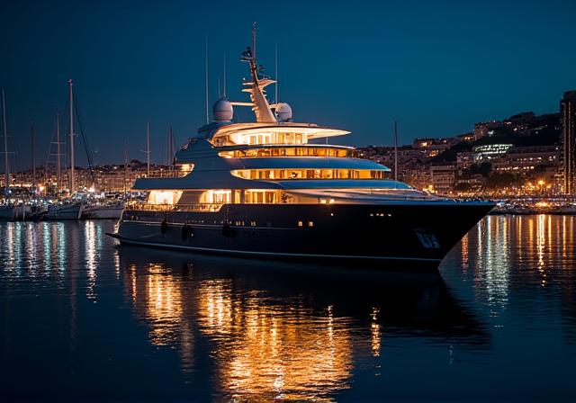 Um iate de luxo elegantemente iluminado na marina de Lisboa à noite, refletindo as luzes na água calma.