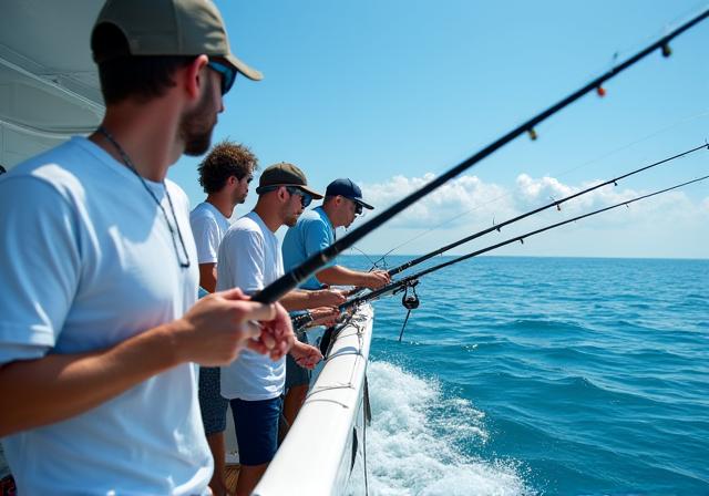 Grupo de homens a desfrutar de pesca desportiva a partir do convés de um iate, concentrados na sua linha.